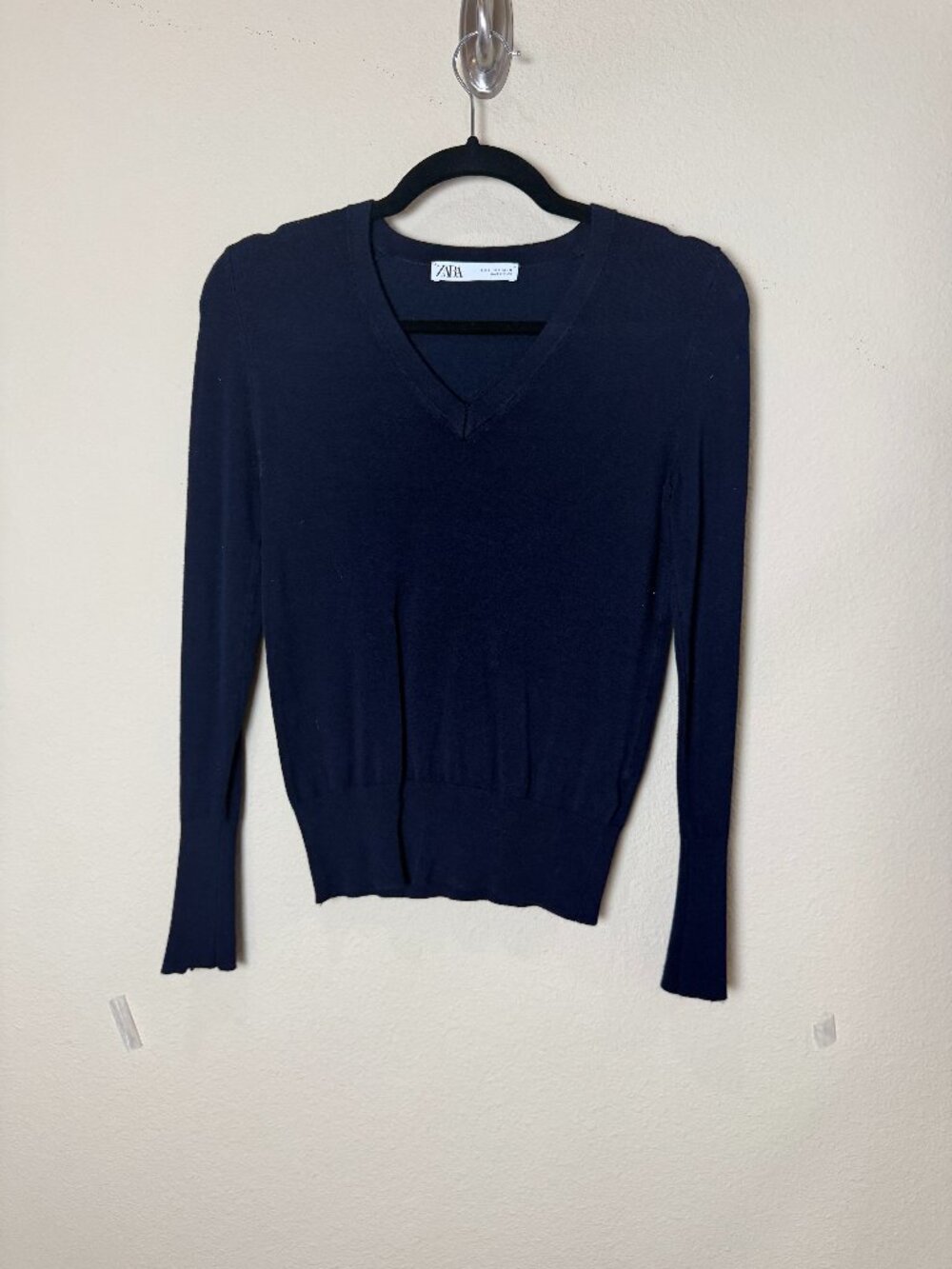 Zara V Neck Fine Gauge Sweater with Gold Button Sleeve Detail Navy Size Small